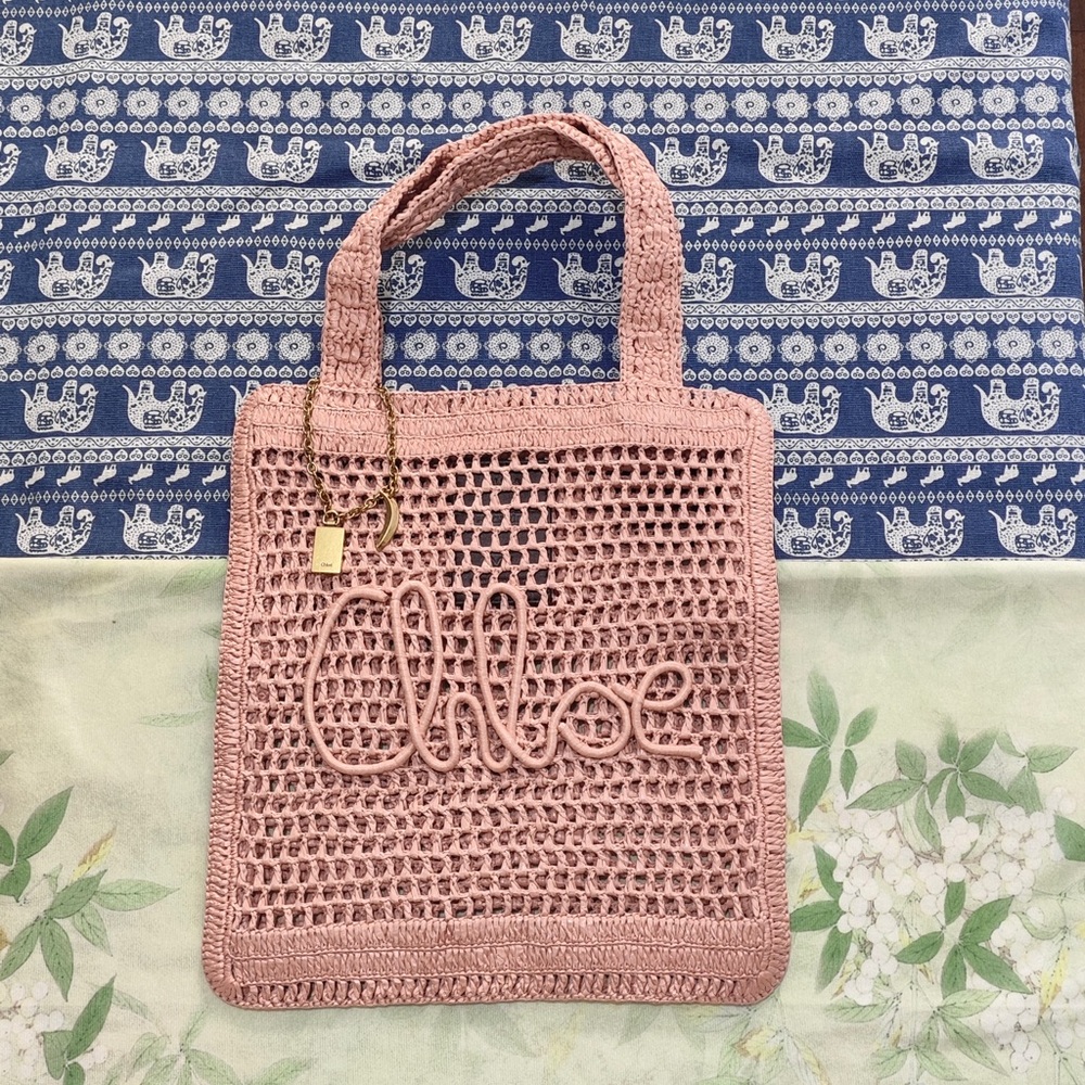 Chloe Blush Pink Crochet Tote with Logo Script